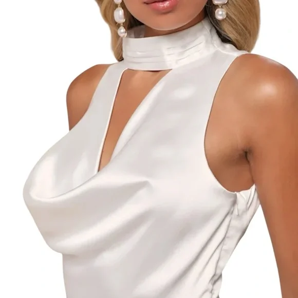 Lulus Gorgeous Vow White Satin Mock Neck Cowl Mermaid Maxi Dress - Picture 4 of 12
